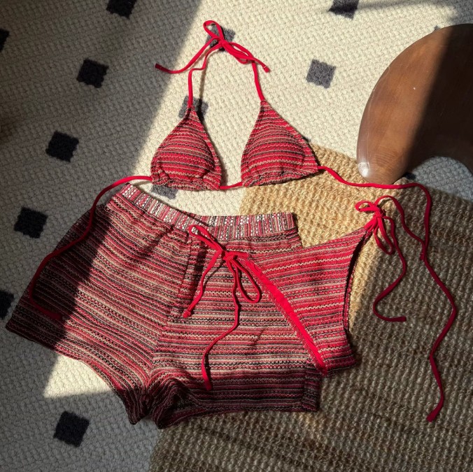 Halterneck Bikini Set Simone Dreiteilig Gestreift Rot