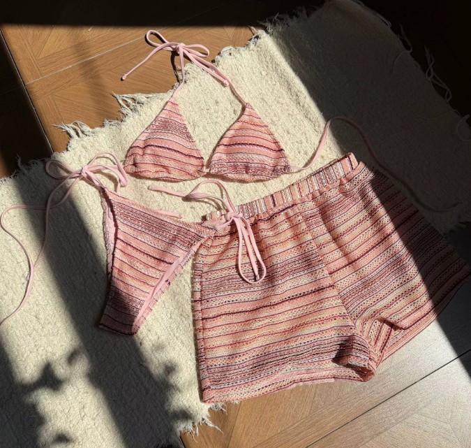 Halterneck Bikini Set Simone Dreiteilig Gestreift Rosa