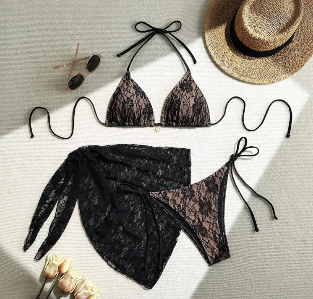 Halterneck Bikini Set Shana Schwarz aus Spitze Dreiteilig