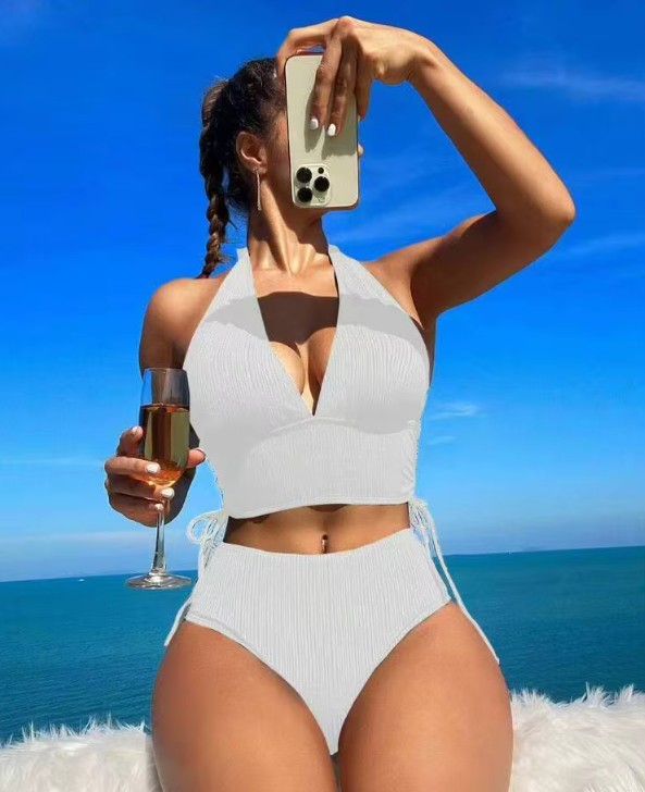 Damen Bikini-Set Weiß Sommer – Einfarbiger Neckholder Zweiteiler mit Korsett-Style & schnelltrocknendem Material