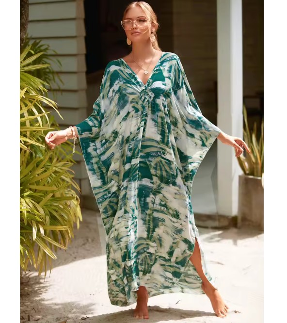 Damen Plus Size Strandkleid Sastra – Animal Print Cover-Up mit V-Ausschnitt & Fledermausärmeln
