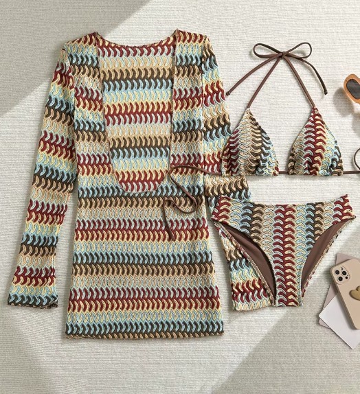 Dreiteiliges Halterneck Bikini Set Scarlett Coffee Gestreift