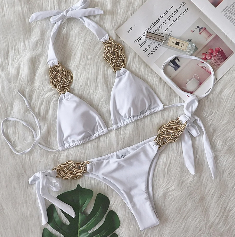Triangle Brazilian Bikini mit geflochtenen Details Weiß