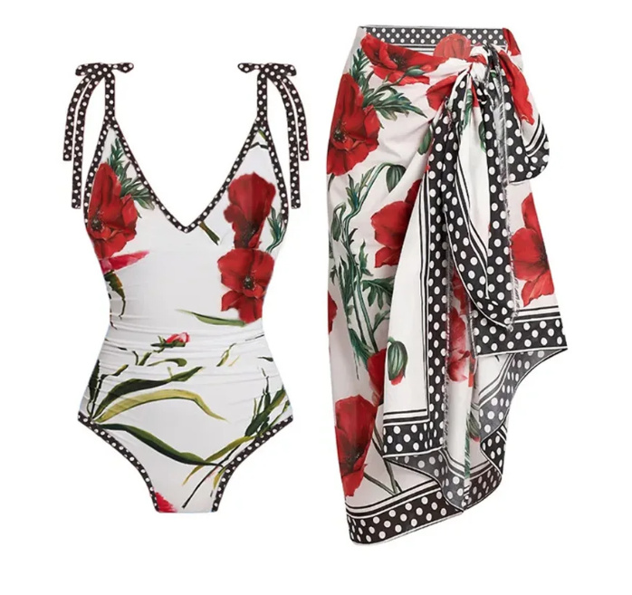 Spaghettiträger Blumenmuster Badeanzug mit Sarong in Weiß