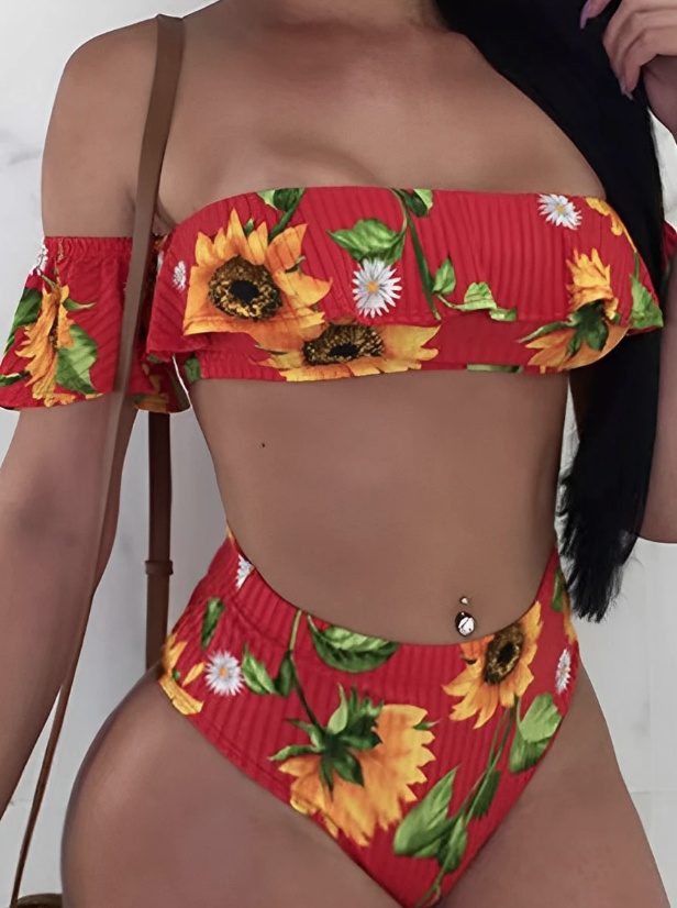Bandeau High-Waist Bikini in Rot mit Blumenmuster