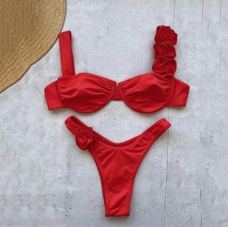 Push Up High-Waist Bikini in Rot mit 3D Blumen
