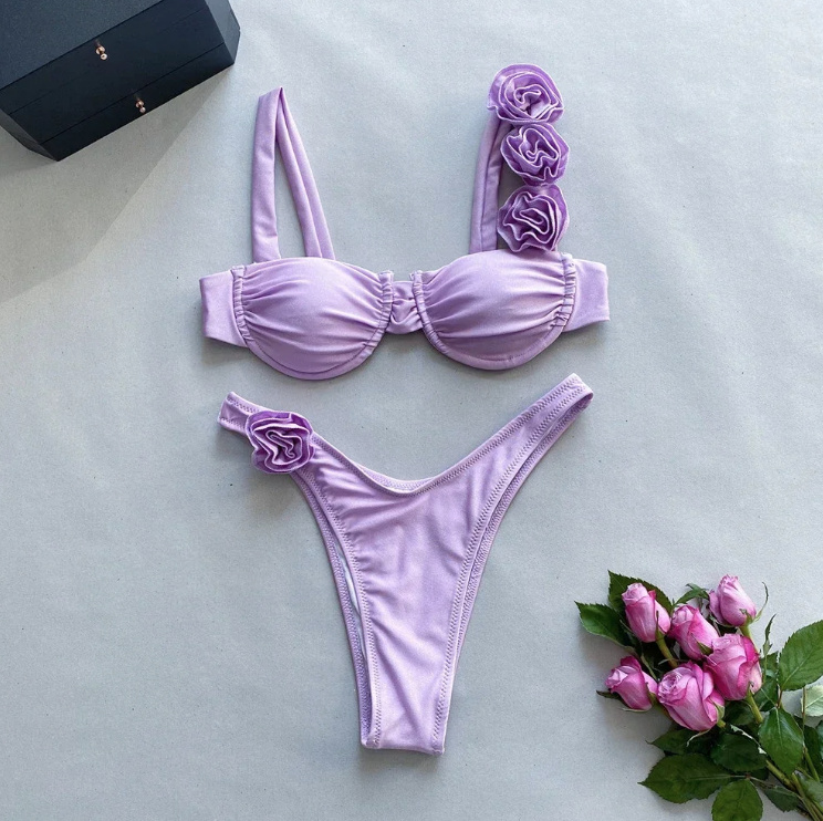 Push Up High-Waist Bikini in Flieder mit 3D Blumen
