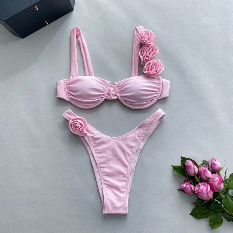 Push Up High-Waist Bikini in Rosa mit 3D Blumen