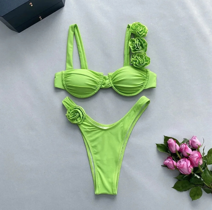 Push Up High-Waist Bikini in Hellgrün mit 3D Blumen