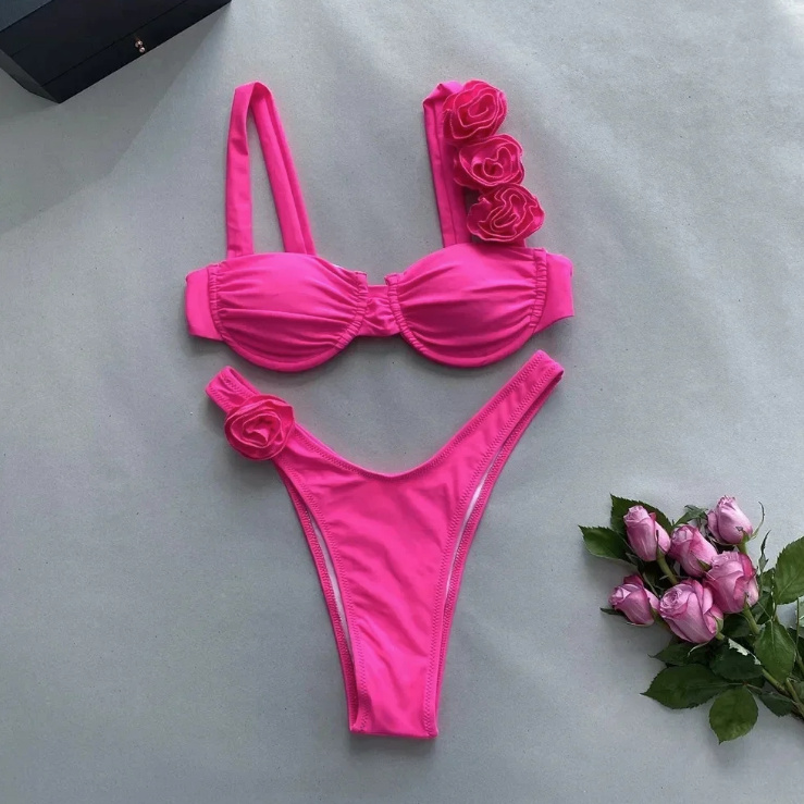 Push Up High-Waist Bikini in Pink mit 3D Blumen