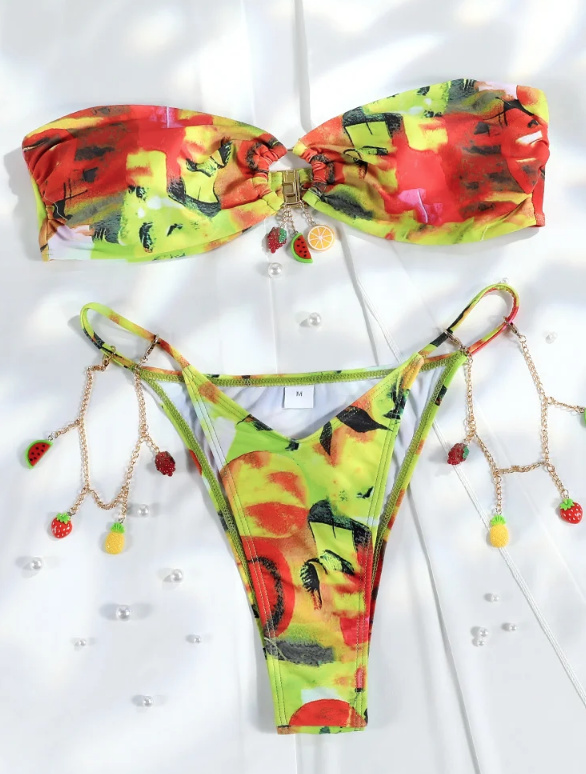 Bandeau High-Waist Bikini mit Obst Applikationen