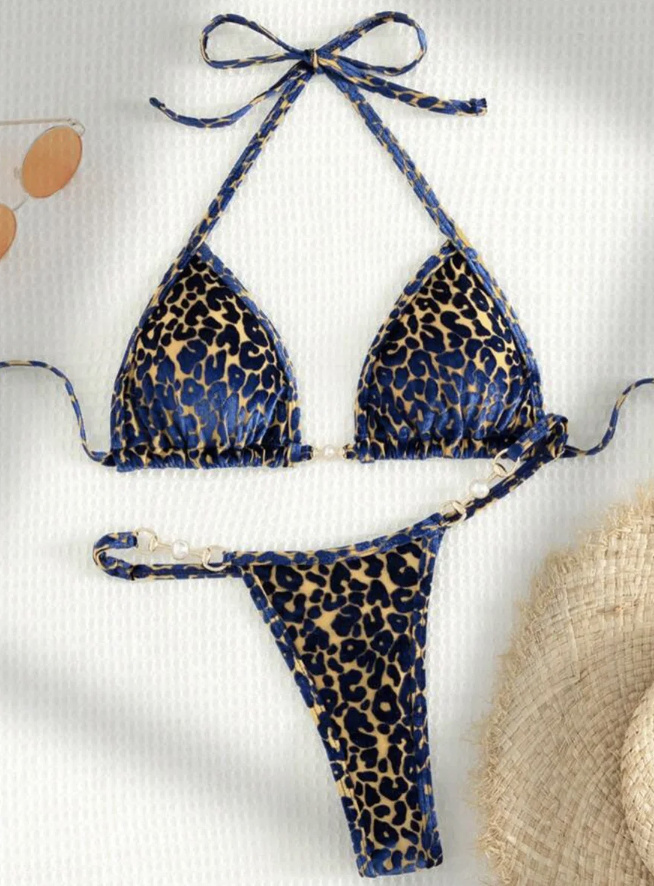 Samt Leopard Print Micro Halterneck Bikini Blau Gelb