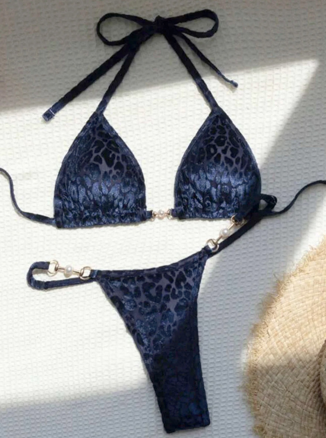 Samt Leopard Print Micro Halterneck Bikini Dunkelblau