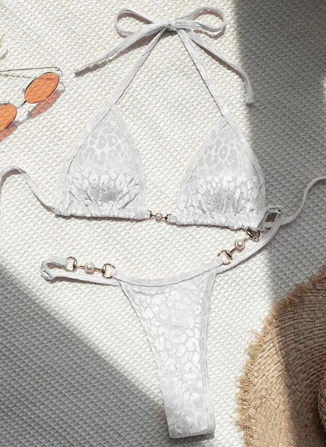 Samt Leopard Print Micro Halterneck Bikini Weiß