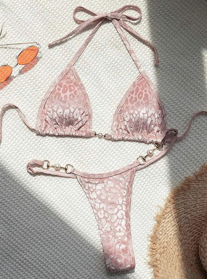 Samt Leopard Print Micro Halterneck Bikini Rosa