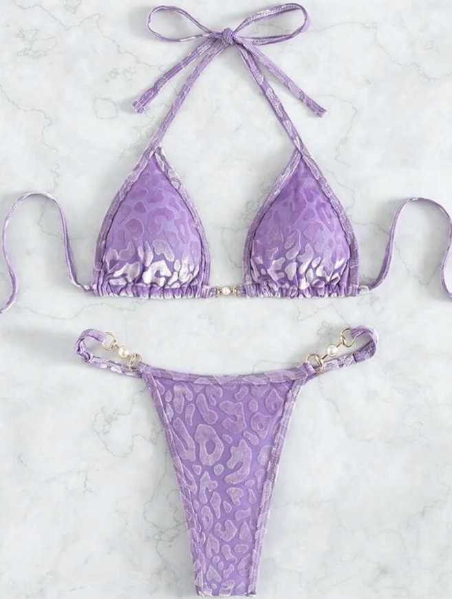 Samt Leopard Print Micro Halterneck Bikini Flieder