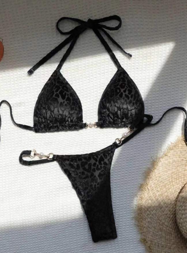 Samt Leopard Print Micro Halterneck Bikini Schwarz