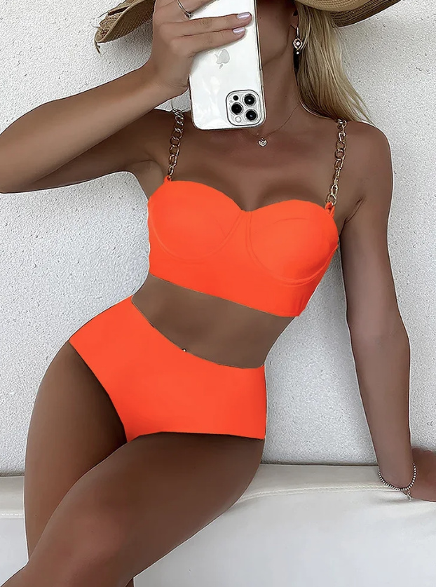 High-Waist Push Up Bikini Yasemin mit Kette in Orange