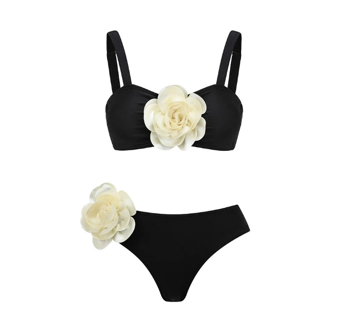 Brazilianischer Bikini in Schwarz mit 3D Blumen