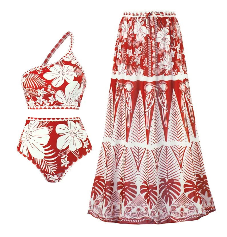 One Shoulder High-Waist Blumenmuster Bikini mit Rock in Rot
