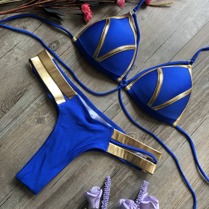 Push-Up Triangle Bikini Yannah Blau Gold