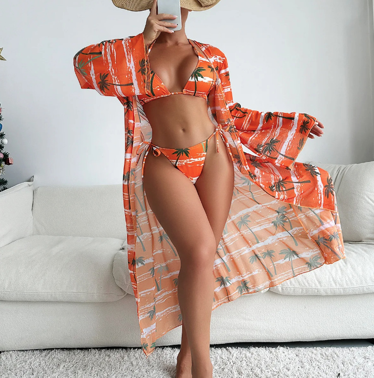 Palmen Print Halterneck Bikini mit Strandkleid im Set Orange