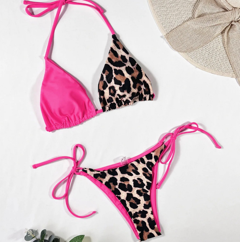 Halterneck Leopard Print Brazilian Bikini Pink