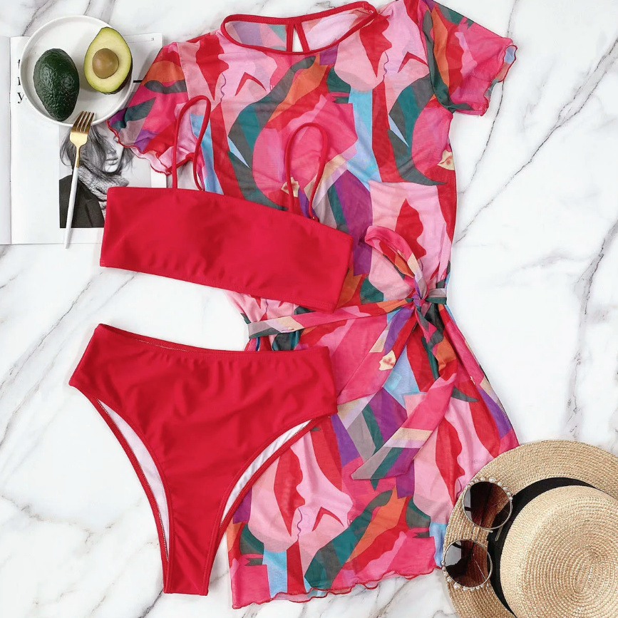 High-Waist Bikini Bunt mit Strandkleid im Set
