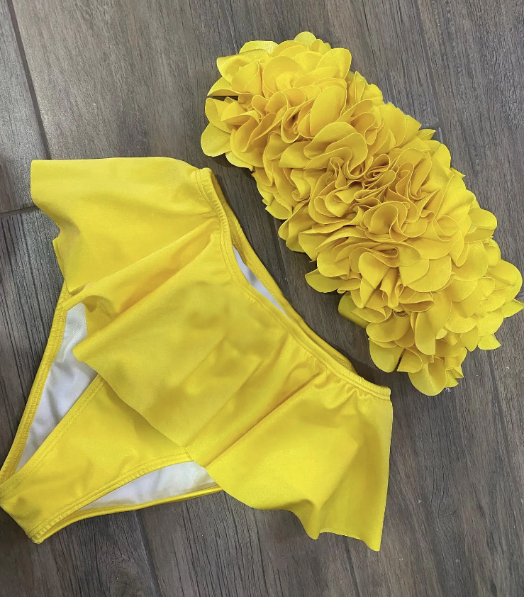 Yolaine Bandeau High-Waist Bikini in Gelb Mit Rüschen Blumen 
