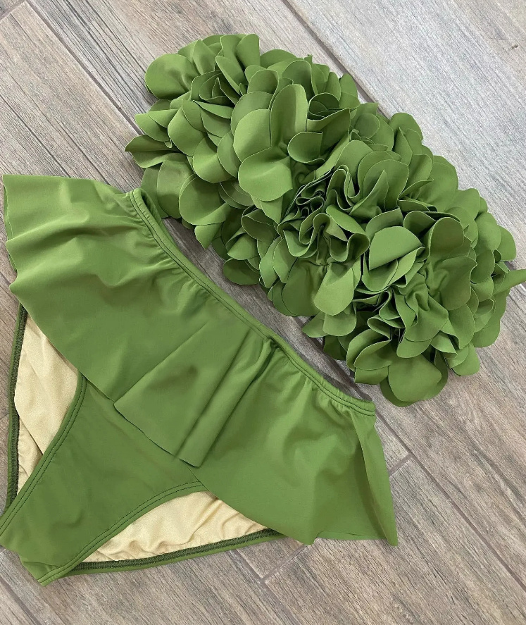 Yolaine Bandeau High-Waist Bikini in Dunkelgrün Mit Rüschen Blumen 