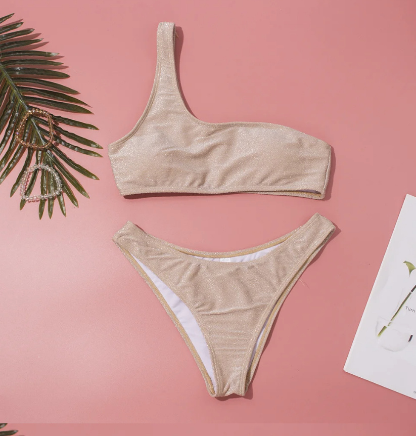 One Shoulder Träger High-Waist Glitzer Bikini Ylvi Gold