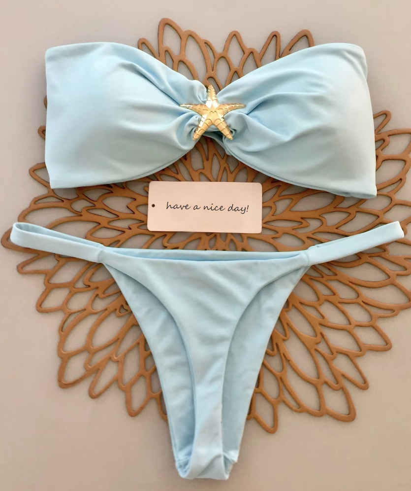 Sexy Badeau Bikini mit Hohe Taille und Seestern Hellblau