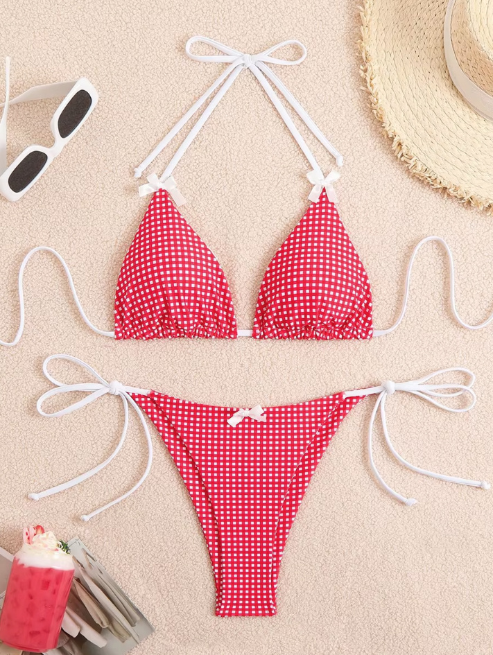 Halterneck Retro Style Bikini Xezal  Rot Weiß Kariert 