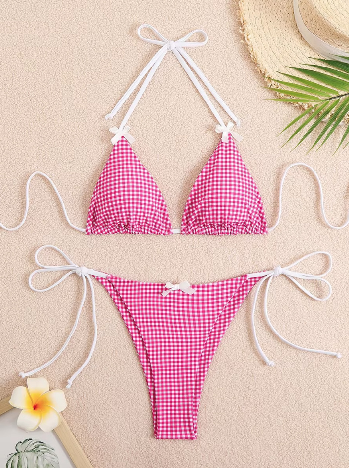 Halterneck Retro Style Bikini Xezal Pink Weiß Kariert 