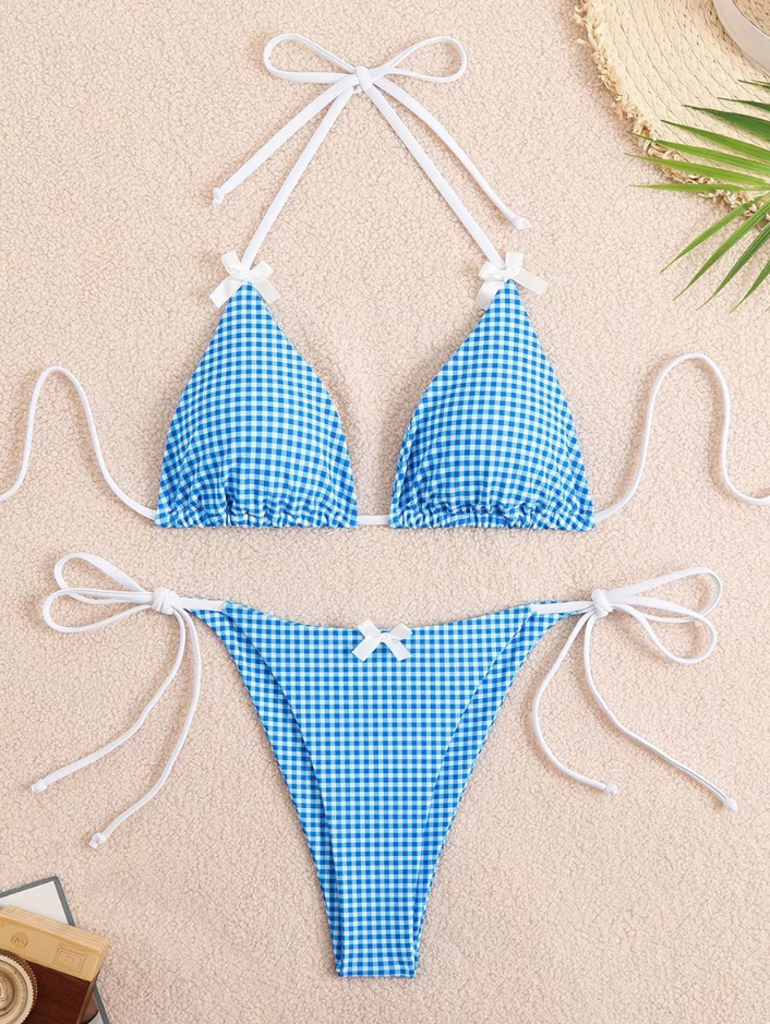 Halterneck Retro Style Bikini Xezal Hellblau Weiß Kariert 
