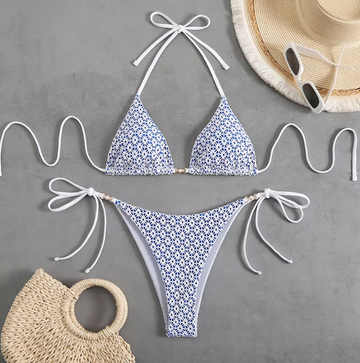 Halterneck Bikini Wisgard mit Hohe Taille und Perlen Blau