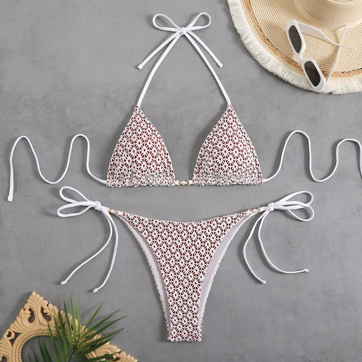 Halterneck Bikini Wisgard mit Hohe Taille und Perlen Rot