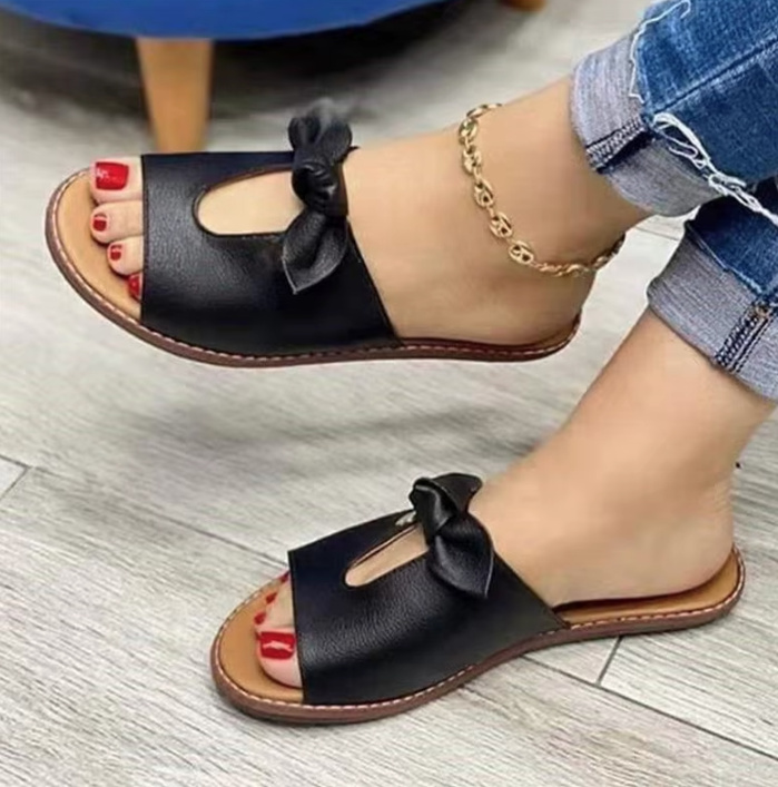 Flache PU Leder Sommerschuhe Schwarz mit Schleife