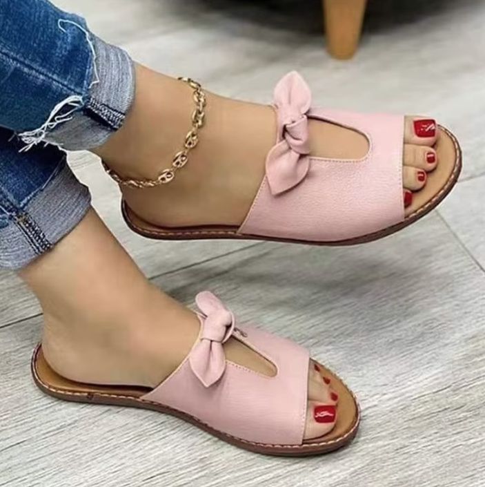 Flache PU Leder Sommerschuhe Rosa mit Schleife