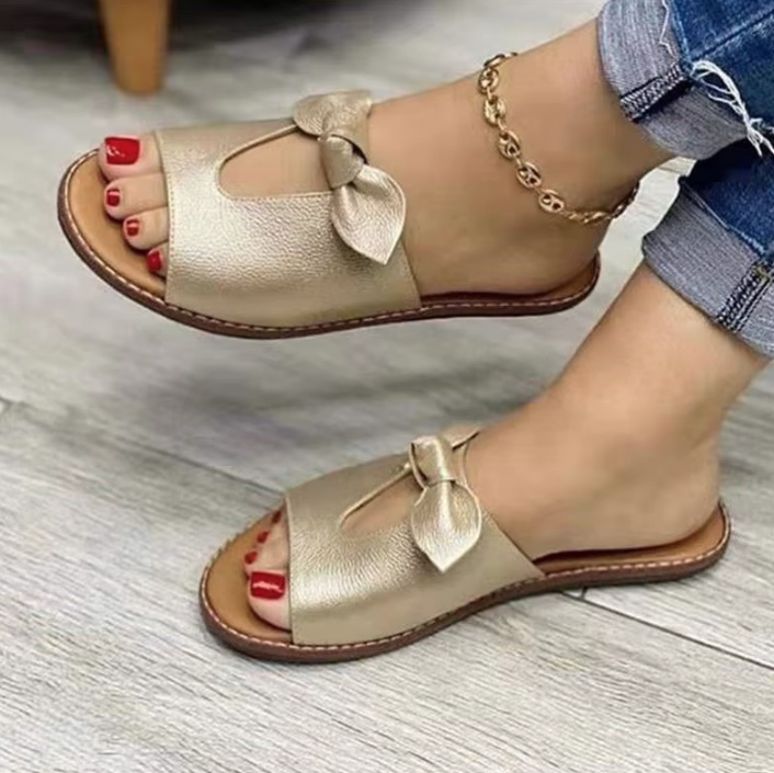 Flache PU Leder Sommerschuhe Gold mit Schleife
