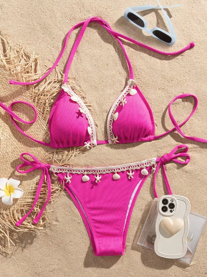 Brasilianischer Halterneck Bikini Wiebke in Pink mit Seesterne und Muscheln 