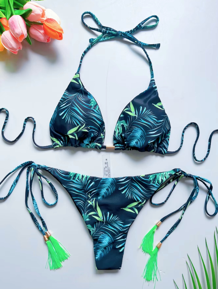 Halterneck Palmen Print Brazilian Bikini Vasca