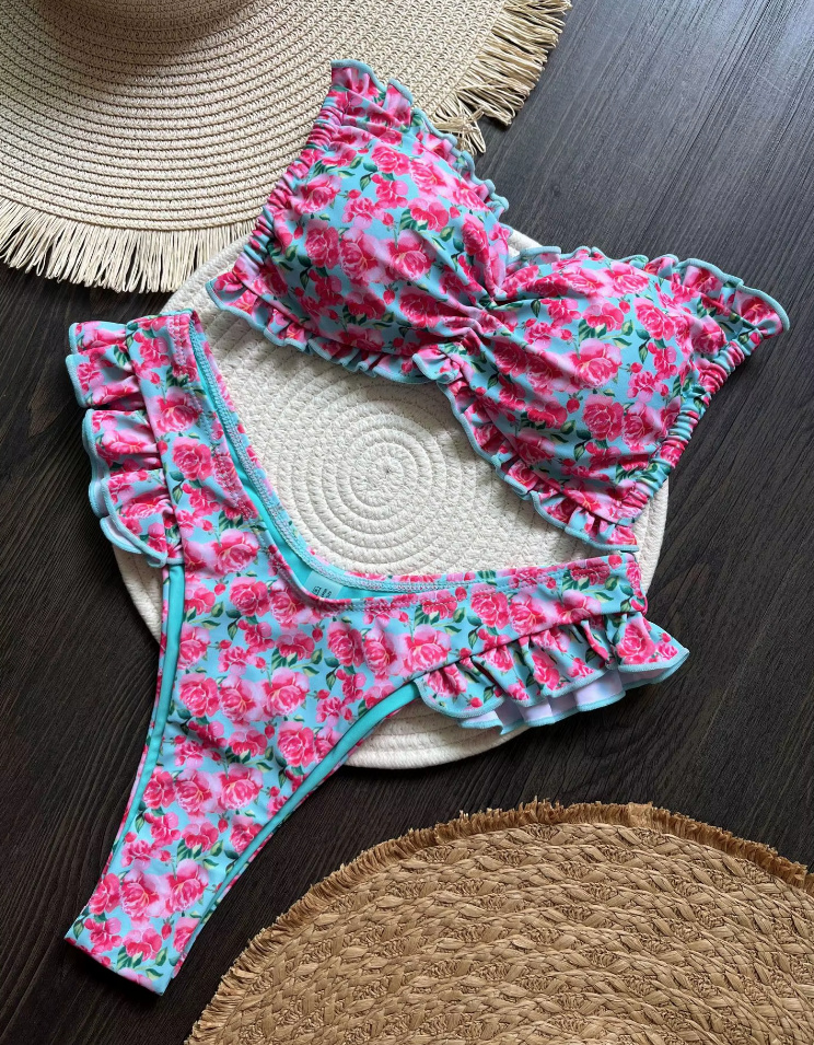 Bandeau Blumen Print Bikini 2025 Veloria mit Hohe Taille