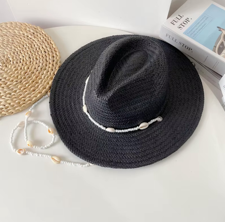 Damen Sommerhut Strohhut 2025 mit Muschelkette Schwarz