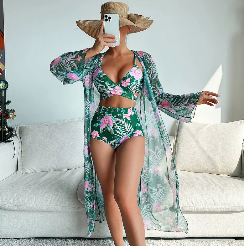 Sommer 2025 Triangle Blumenmuster Bikini Set Traude Dreiteilig Grün
