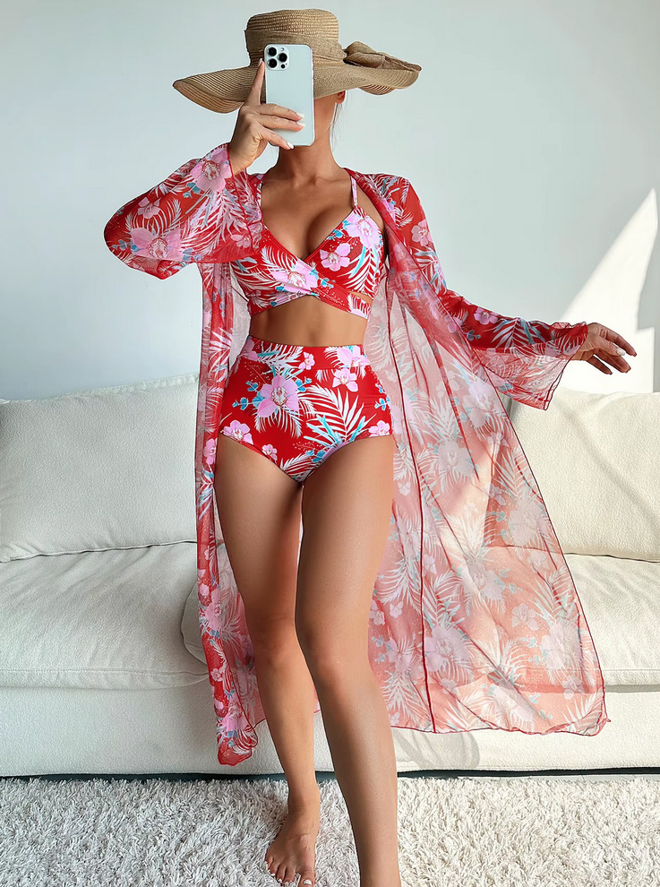 Sommer 2025 Triangle Blumenmuster Bikini Set Traude Dreiteilig Rot