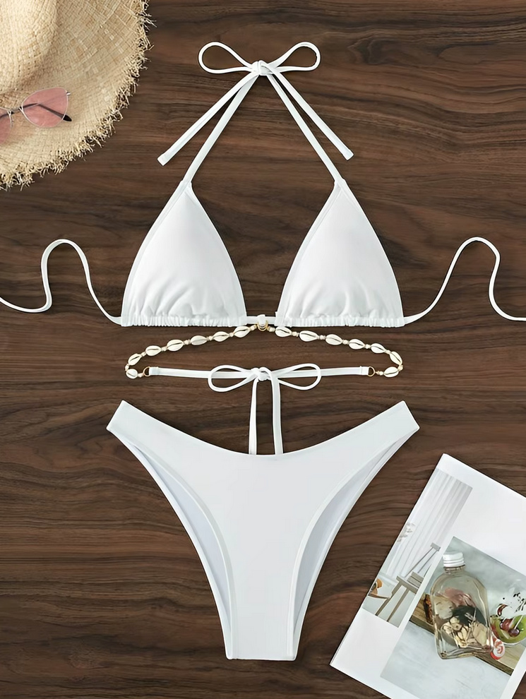Brasilianischer Halterneck Bikini 2025 Tia Weiß mit Muschel Kette