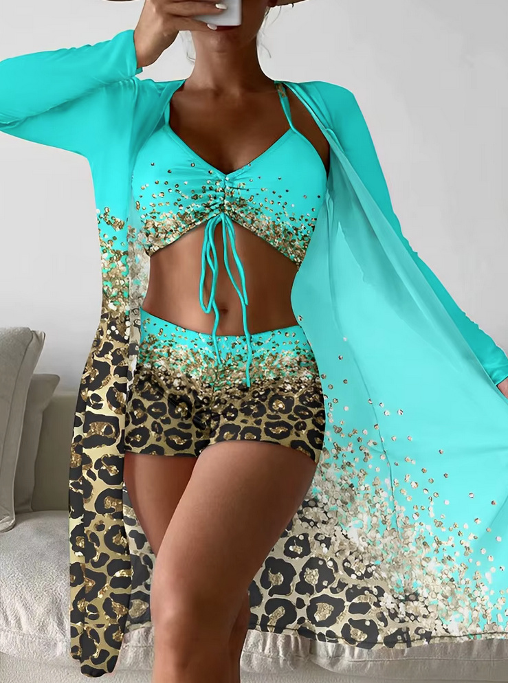 Leo Print Triangle Bikini Set 2025 Dreiteilig mit Bluse Hellblau