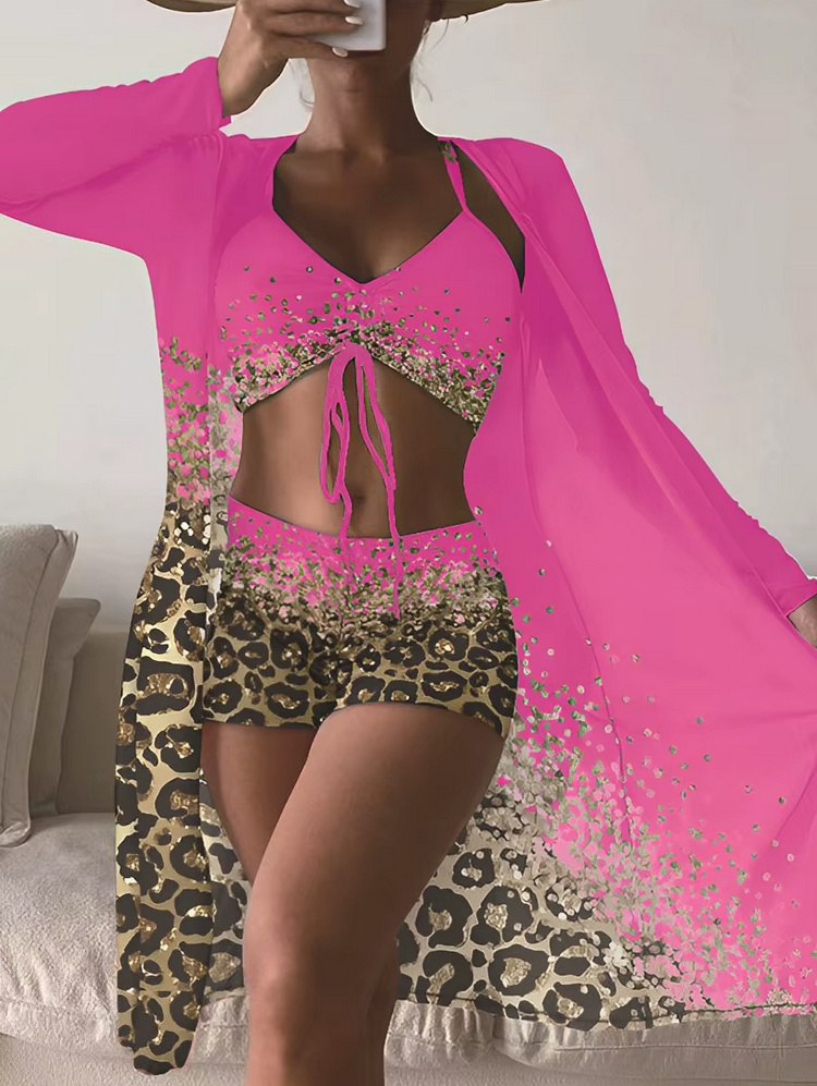 Leo Print Triangle Bikini Set 2025 Dreiteilig mit Bluse Pink
