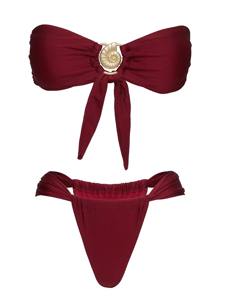 Bandeau High-Waist Bikini 2025 in Weinrot mit Meeresschnecke